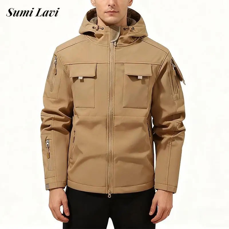 

New Casual Camouflage Hiking Jackets For Mens Fall Winter Warm Fleece Lining Hooded Coat Men Multi Pocket Tactical Overcoats