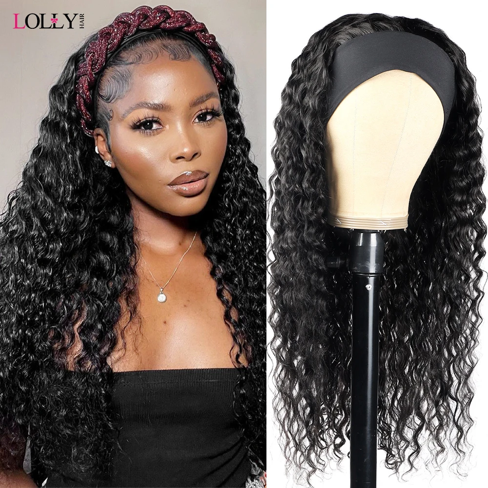 Onda Profunda Perucas Encaracoladas com Headband, Cabelo Humano, Nenhum Lace Front, Máquina Completa Feita, 100% Cabelo Real, Lolly, 28 em, 30 em