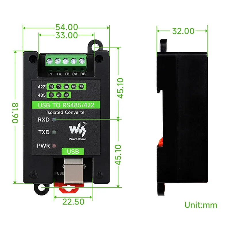 ABEP-Waveshare USB to RS485/422 Rail-Type Industrial Isolated Converter FT232/SP485 Chip FT232RNL 300Bps-3Mbps USB Converter