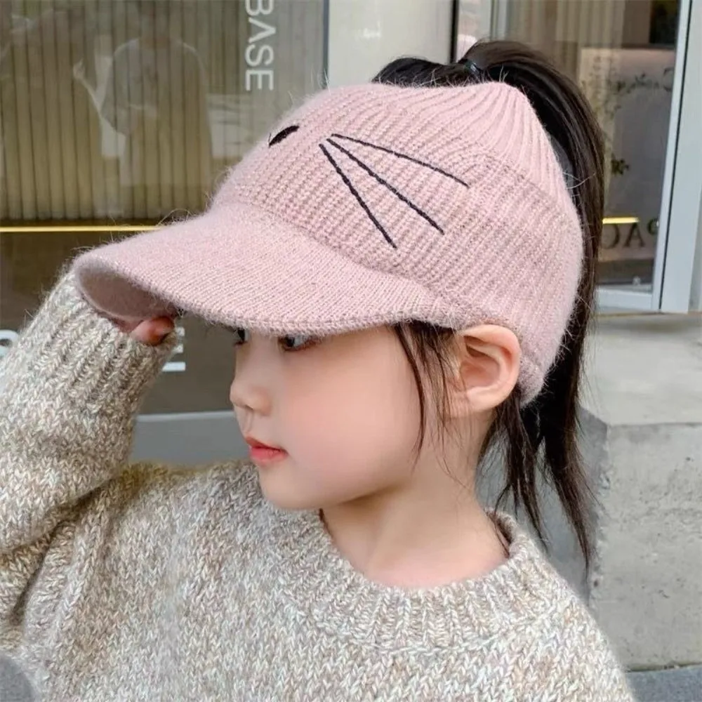 Solid Color Autumn Winter Hat Lovely Animal Cat Elastic Kids Ear Protection Hat Keep Warm Knitted Empty Top Baseball Cap