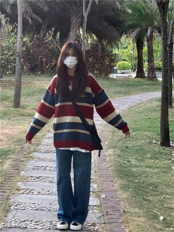 

Women's College Style Versatile Striped Long Sleeved Top Women's Lazy Style Sweater with Loose Stripes High-end Knitted Sweater