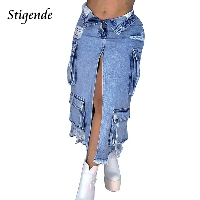 Stigende High Split Ripped Denim Maxi Skirt Women Multiple Pockets Distressed Jeans Cargo Skirt Y2k