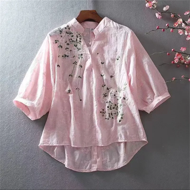 Artistic Blouses Women Shirts Thin Embroidery Tops Lace Pullover Leisure Cotton Shirts V-Neck Forking Female Shirt Retro Blous