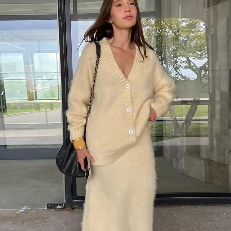 Elegant V Neck Suede Nap Cardigan Sweater 2 Piece Set Women High Waist A line Solid Skirt Suit 2024 Winter Lady Fashion Knitwear