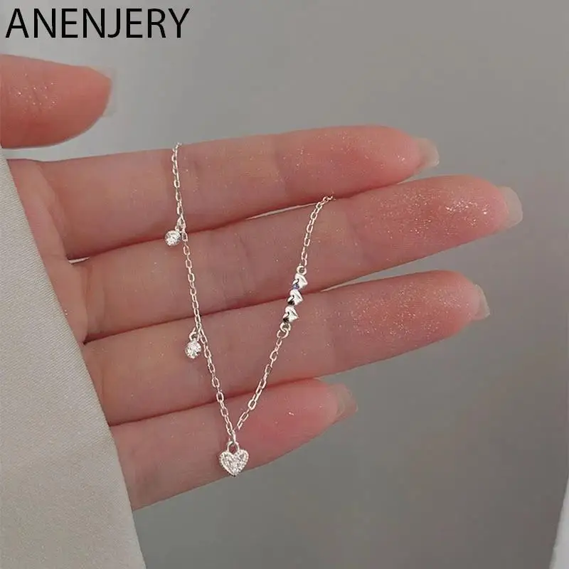 ANENJERY Silver Color Love Heart Bracelet Dainty Heart Zircon Link Chain Bracelet for Women Girls Birthday Gifts Jewelry