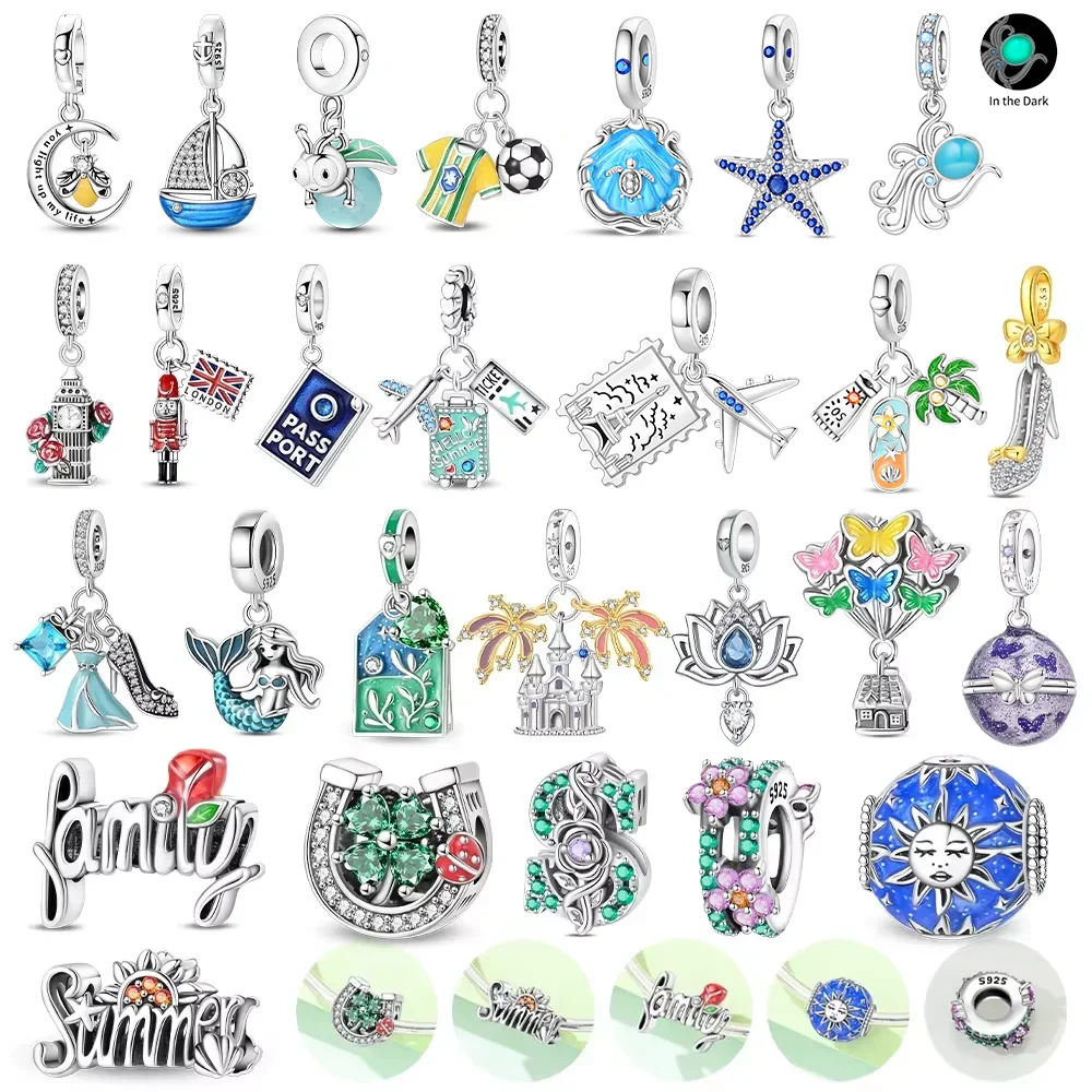 Breloques en Argent 925 sur le thème du Sport, du Voyage, du Maillot de Football, du Passeport, du Bateau, de la Sirène, Perles, Pendentifs pour Bracelets, Sacs, Porte-clés, Bijoux DIY