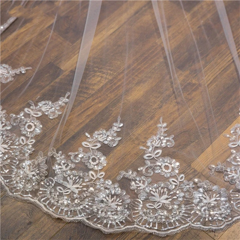 Sequin Lace Cathedral Length Soft Tulle Bridal Veil Wedding Accessories Veils Metal Comb in White , Ivory ,Off white