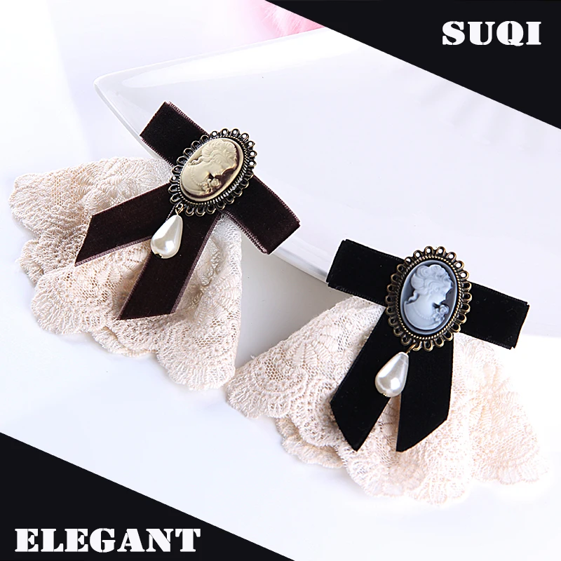 Elegant Lace Velvet Ribbon Bowknot Bronze Plated Queen Cameo Beauty Head Venetian Pearl Water Drop Women Brooch Lapel Pins Gifts