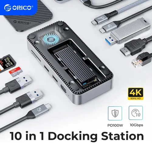 Imagen 1 del producto ORICO DPM2P9 USB C HUB con ventilador de refrigeración M.2 NVMe SSD carcasa externa 10Gbps 4K,60Hz HDMI-Com, estación de acoplamiento RJ45 SDTF