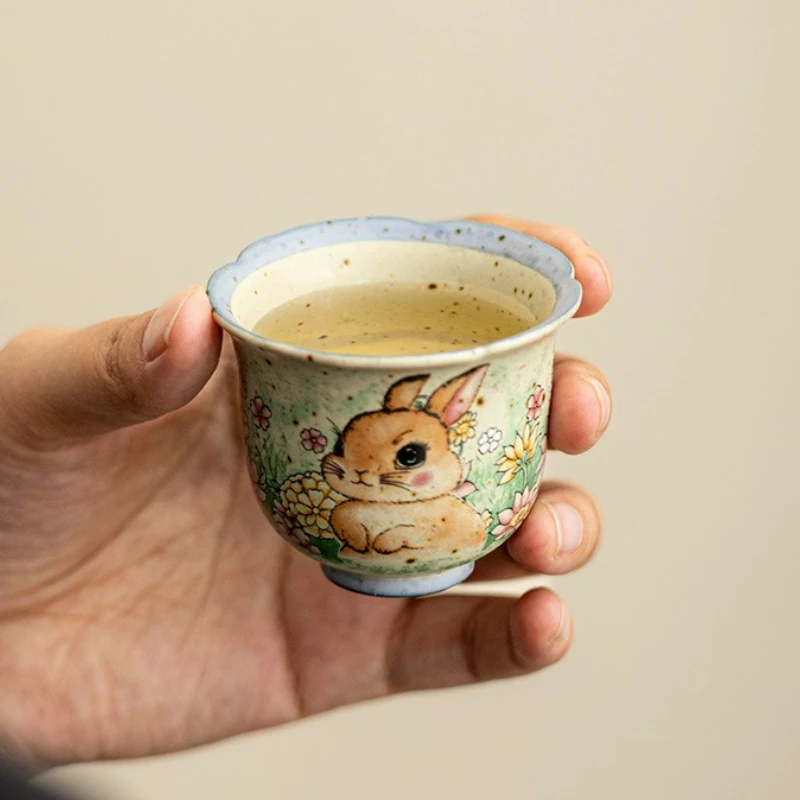 50ML Cute Rabbit Small Teacup Chinese Retro Handmade Household Ceramic Kung Fu Tea Cup Meditation Cup Jianzhan Master Cups New