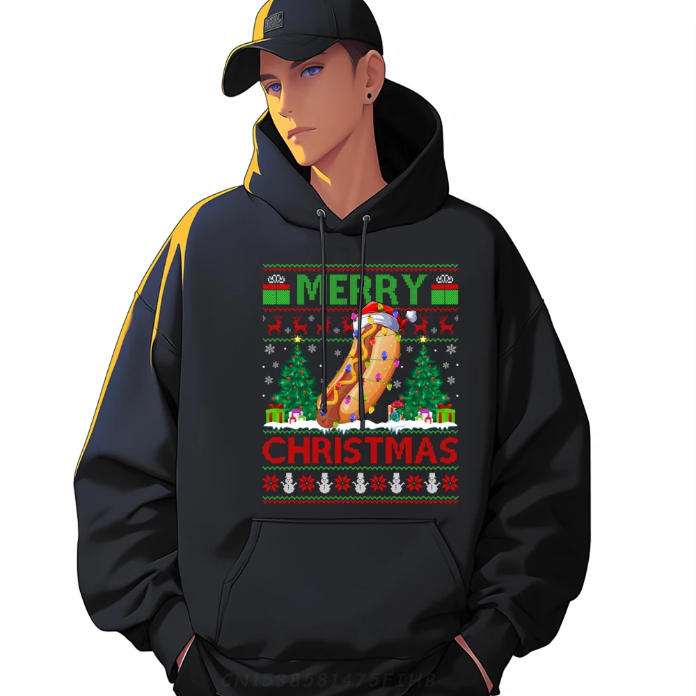 

Hot Dog Food Lover Xmas Tree Ugly Santa Hot Dog Christmas Graphic Tees Men Printed Hoodie