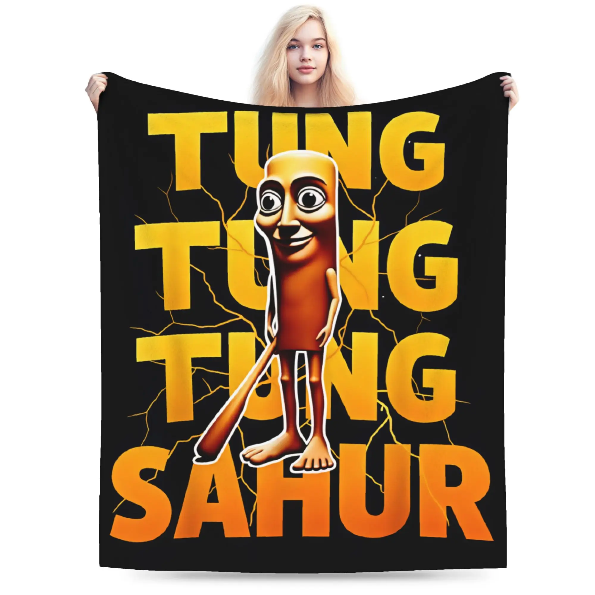 Tung Tung Sahur Bold Text Lightning Throw Blanket Soft Cozy Aesthetic Blanket  For Home Decor Picnic Flannel Bedspread Bed Cover