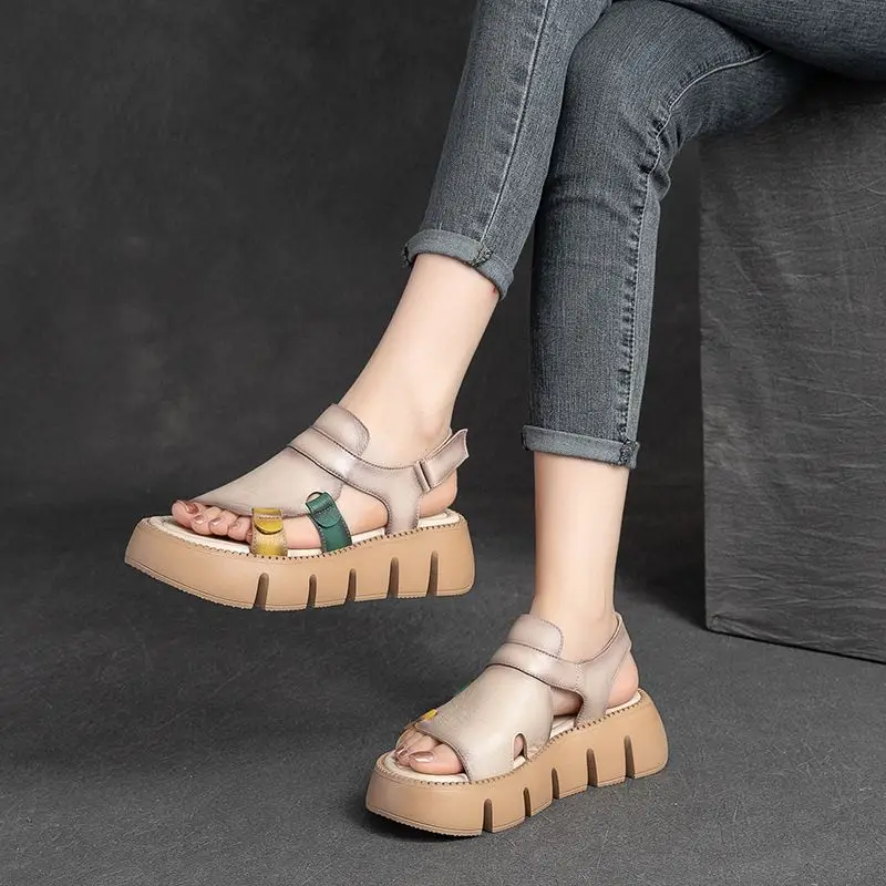 2024 Handmade Genuine Leather Sandals Women Designer Luxury Hook And Loop Wedges Platform Sandals For Women Cow Leather Shoes