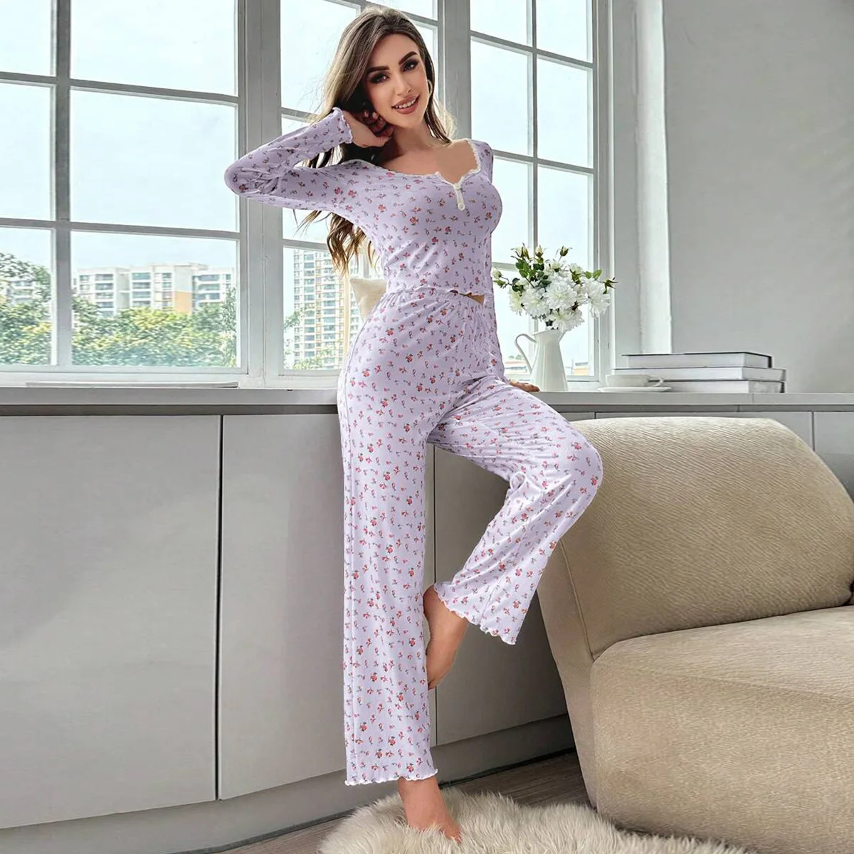 Conjunto de pijama estampado floral de manga comprida feminino, loungewear, pijamas, fino, renda, guarnições de botões, calças, elegante, sexy