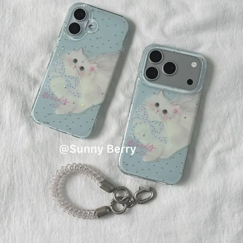 Korean Sweet Girl Cute Bow White Cat Kitten Phone Case For iPhone 17 Air 16 15 14 13 12 11 Pro Max Plus Y2K Cover Ins Advanced