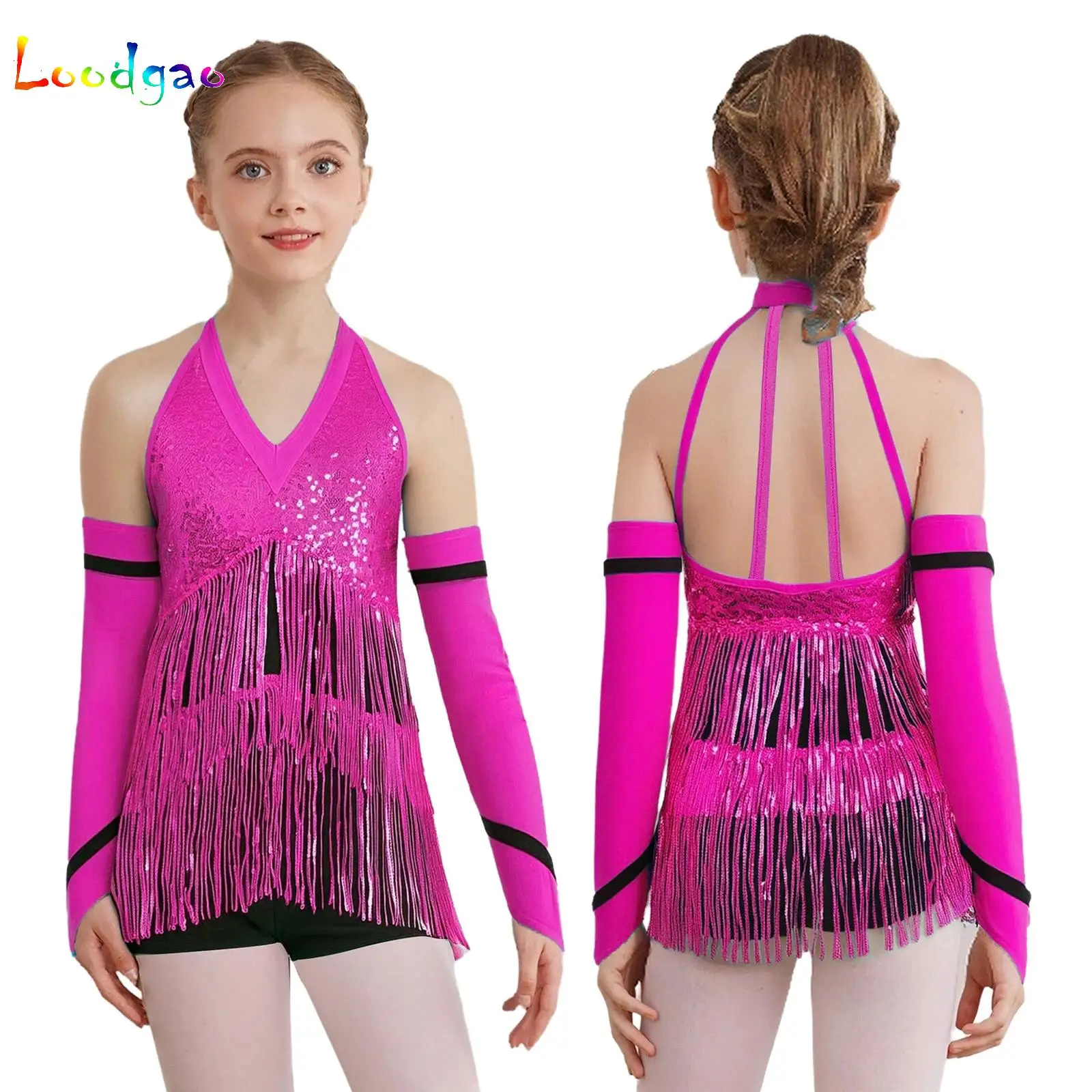 

Kids Girls Rhythmic Gymnastics Jersey Jazz Latin Bodysuit with Gloves Lyrical Dance Leotard for Figure Skating Stage Performance