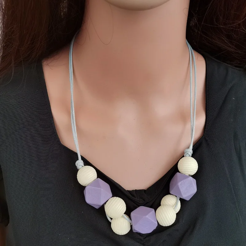 Retro geometric wood bead pendant necklace handmade threaded bead necklace national style cross-border new popular jewelry