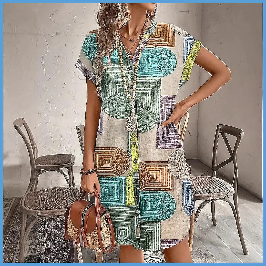 

Women's Vintage Geometric Print Dress Summer V-Neck Button Up Elegant Color Block Commuting Vestidos