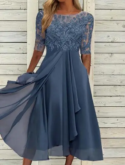 Womens Dresses Romantic Simple Dress With Chiffon Patchwork Lace Hollow Out Long Dress Bridesmaid Evening Dress Women's Wear