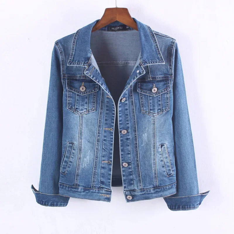 Giacca di jeans blu lavato vintage Harajuku Primavera Autunno Donna Capispalla corto da cowboy Cappotto da giacca di jeans sfilacciati a maniche lunghe con risvolto