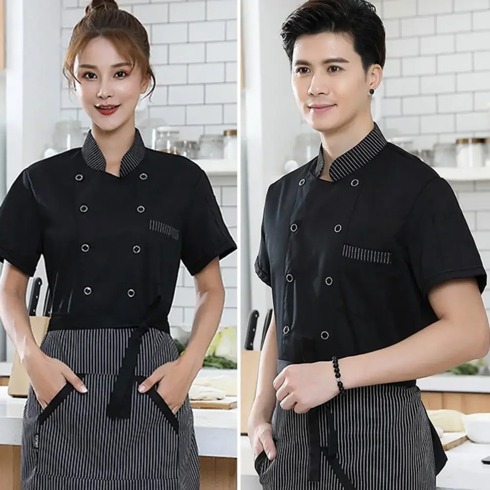 Chaqueta de Chef de manga corta para hombre y mujer, abrigo de cocina Unisex, uniforme de camarero de restaurante, color blanco y negro