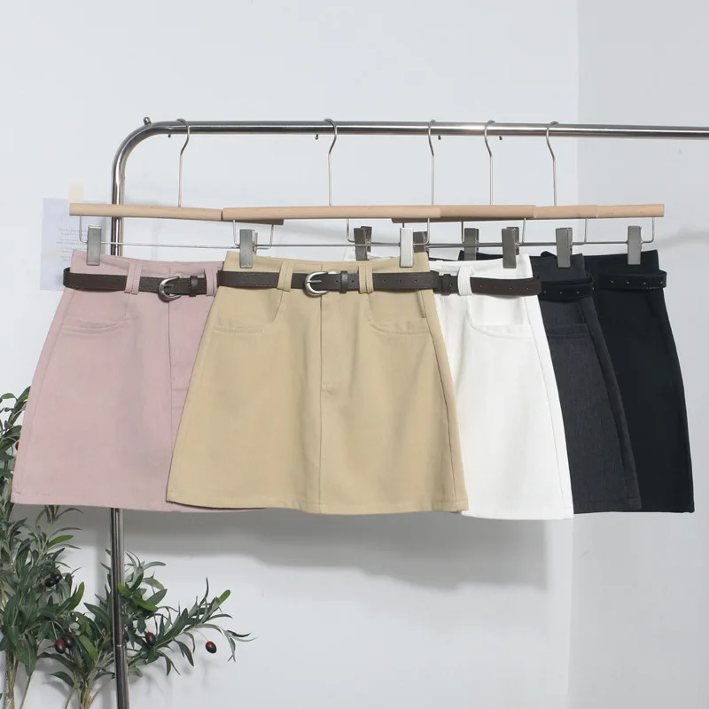 

New with belt A-line khaki color high waist slimming wrapper hip skirt