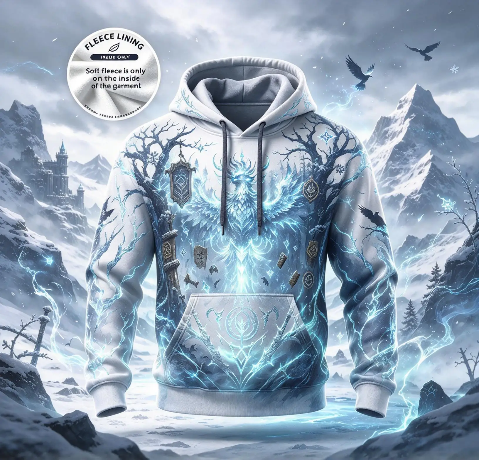 Men Ice Phoenix Fleece Hoodie, Snow Mountain Castle Winter Magic Full Print Pullover