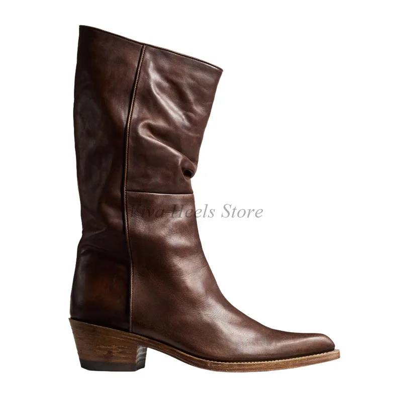 Vintage Leather Chunky Heel Mid Calf Boots Women's Brown/Black Big Size Pointy Toe Western Boot Pull on Designer Soft Shoes image 3