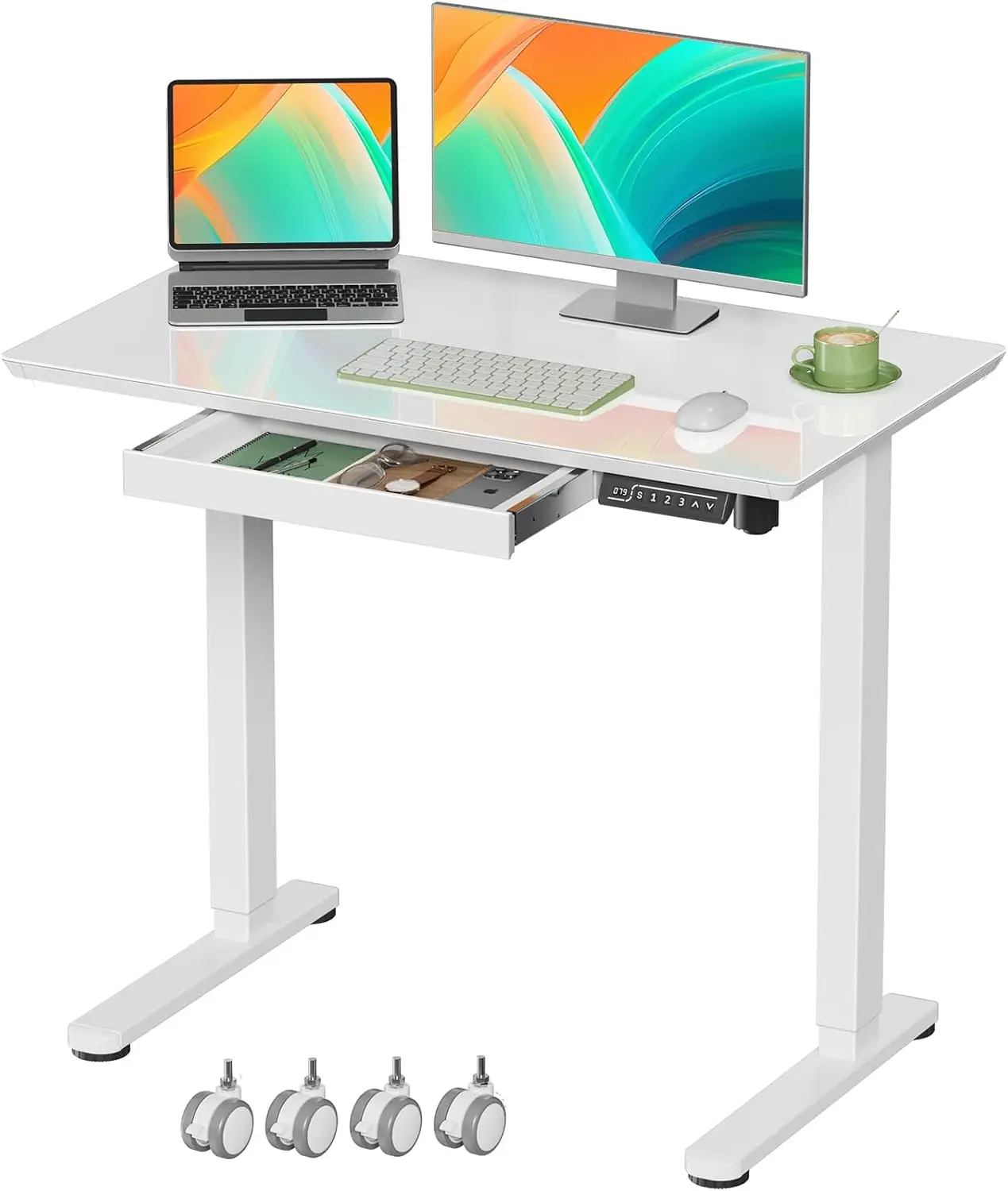 35” White Glass Standing Desk Height Adjustable with Drawer | Electric One-Piece Rising Whiteboard Table on Lockable Wheels, Mob