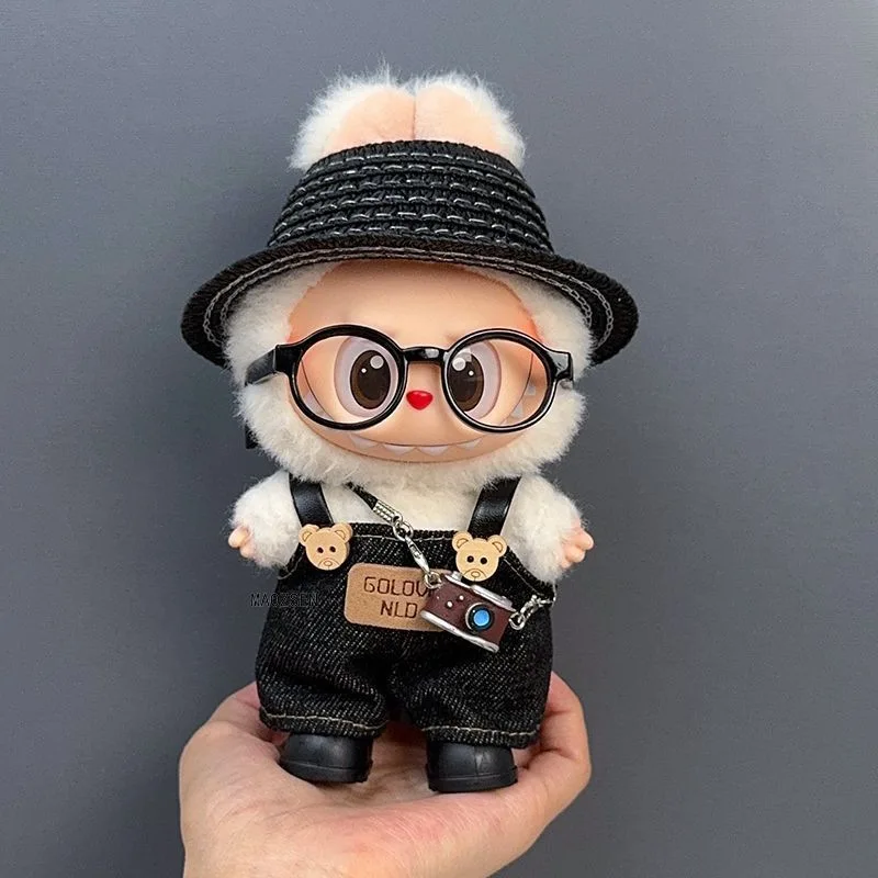 

Labubu Doll Clothes Set Black Straw Hat Denim Overalls with Buttons Outfit for 1-3 Generation Hanging Display Accessories