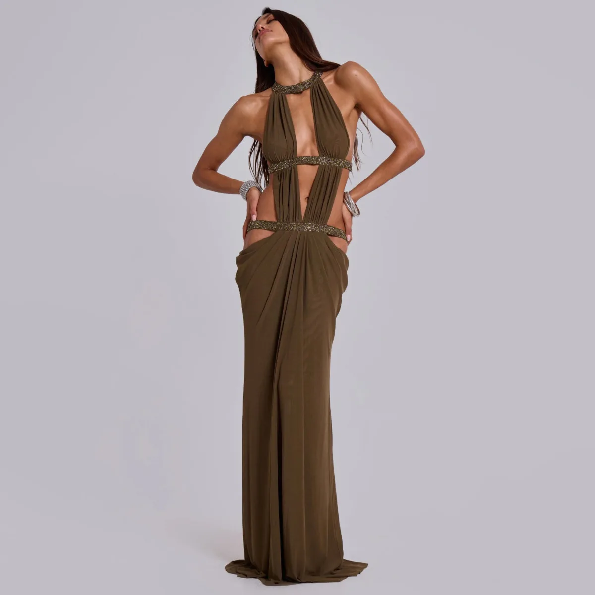 KWTX セクシーな背中見せホルターネックマキシ丈ワンピース カットアウト パッチワーク 細見え ボディコン デザイナー エレガント ミニマリスト 快適 プレミアム カジュアル