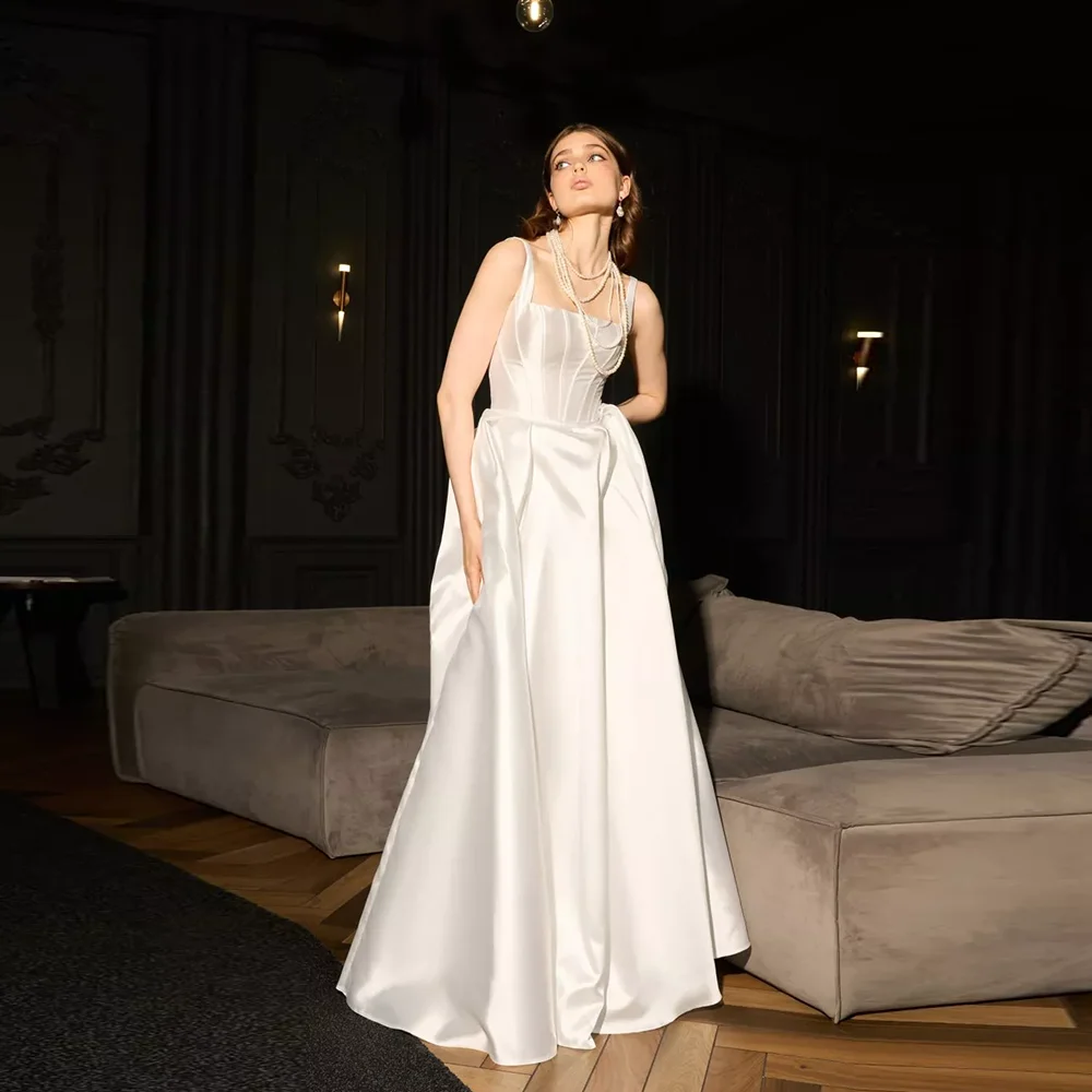 

Square Collar Satin Pleated Corset A-line Wedding Party Gown Sleeveless A-line Backless Bridesmaid Dress for Wedding Customized