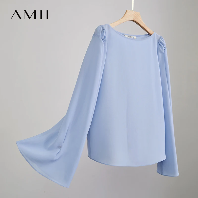AMII Elegant Autumn Blouses Women New 2025 Solid Slash Neck Long Flare Sleeve Chiffon Shirts Female Fashion Office Lady 12541168