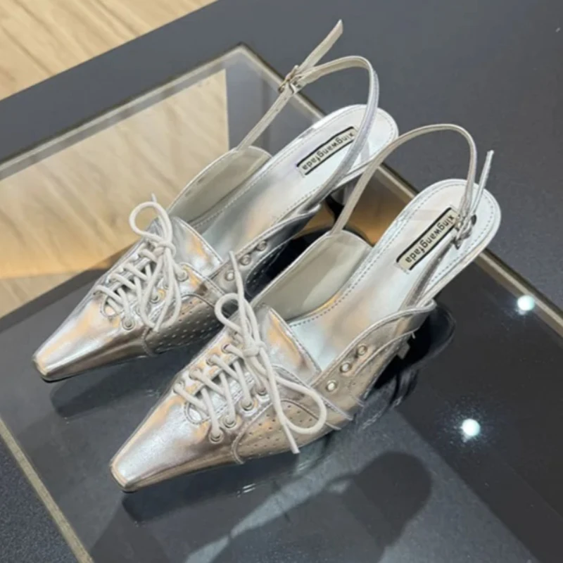 

Весенние серебристые туфли-слингбэки на шнуровке 2026 года для женщин: дизайнерские туфли с квадратным носком и пряжкой, удобные женские туфли в уличном стиле