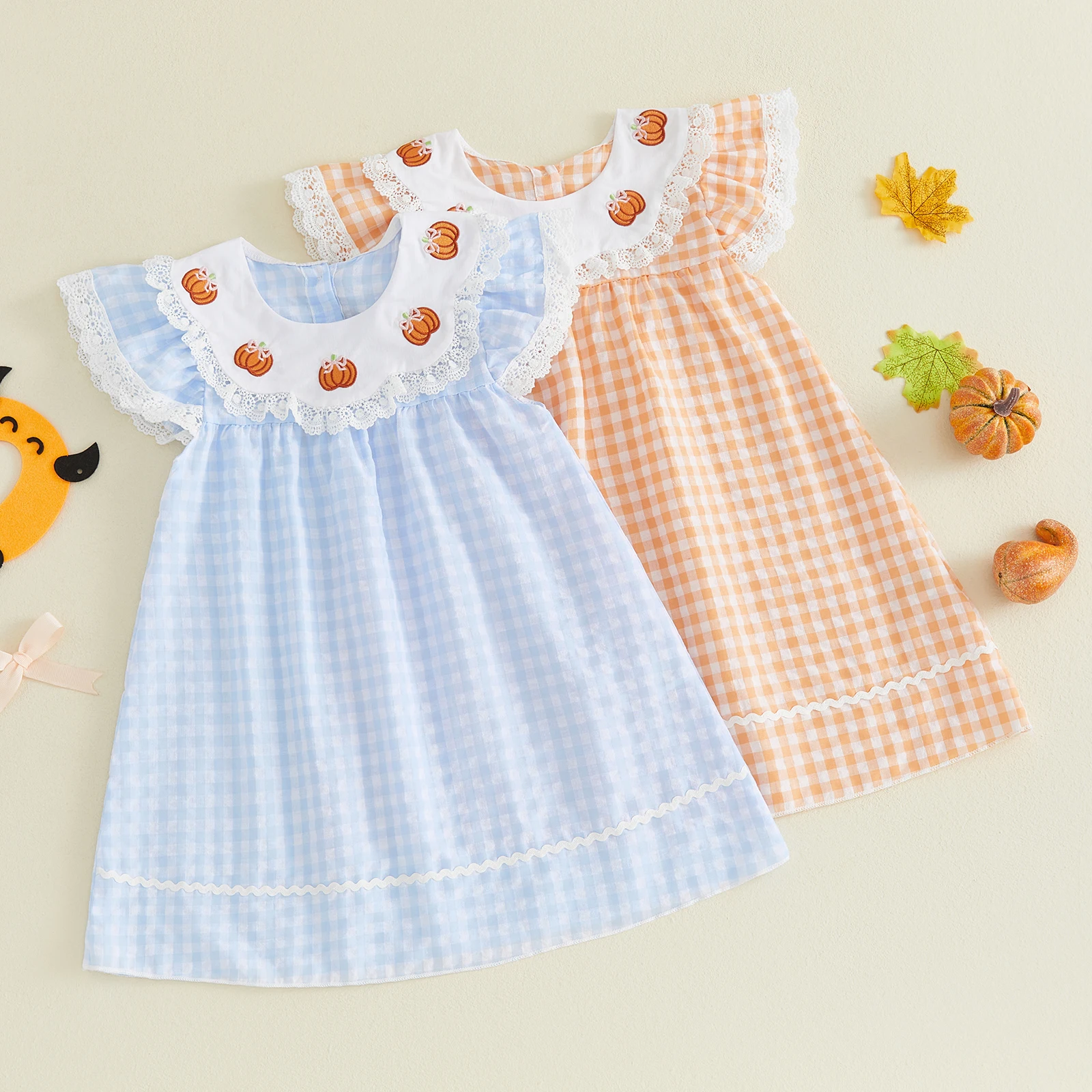 1-6Y Toddler Girls Halloween Dress Adorable Pumpkin Embroidery Flying Sleeve Round Neck Plaid Lace Dress Costume