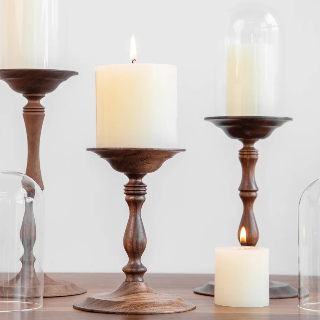 

Dining table atmosphere candlestick black walnut wooden candlestick French medieval hand-turned candlestick ornaments