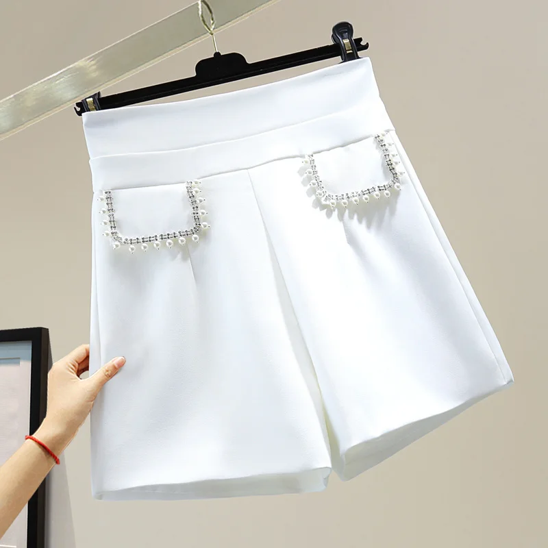 

Summer High Waist A-line Wide Leg Shorts Women 2023 Summer Korean Loose Solid Heavy Work Studded Beaded Diamond Casual Pants