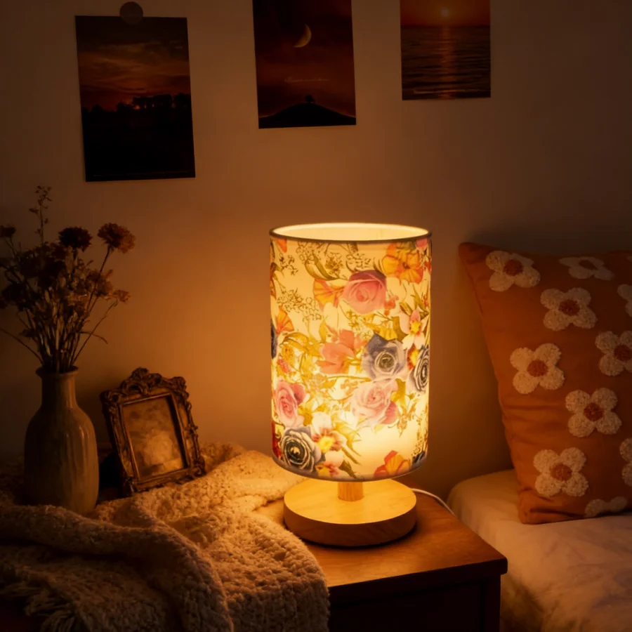 

1 шт. Настольная лампа в стиле бохо с винтажным цветочным принтом, деревянная основа, USB LED ночник для спальни