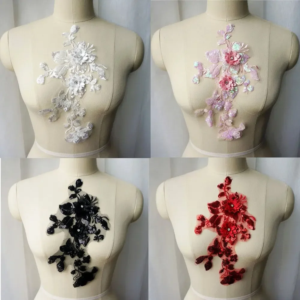 Black White Red Pink Sequin 3D Flower Lace Fabric Rhinestone Embroidered Gown Appliques Collar Sew On Patch For Wedding Decor