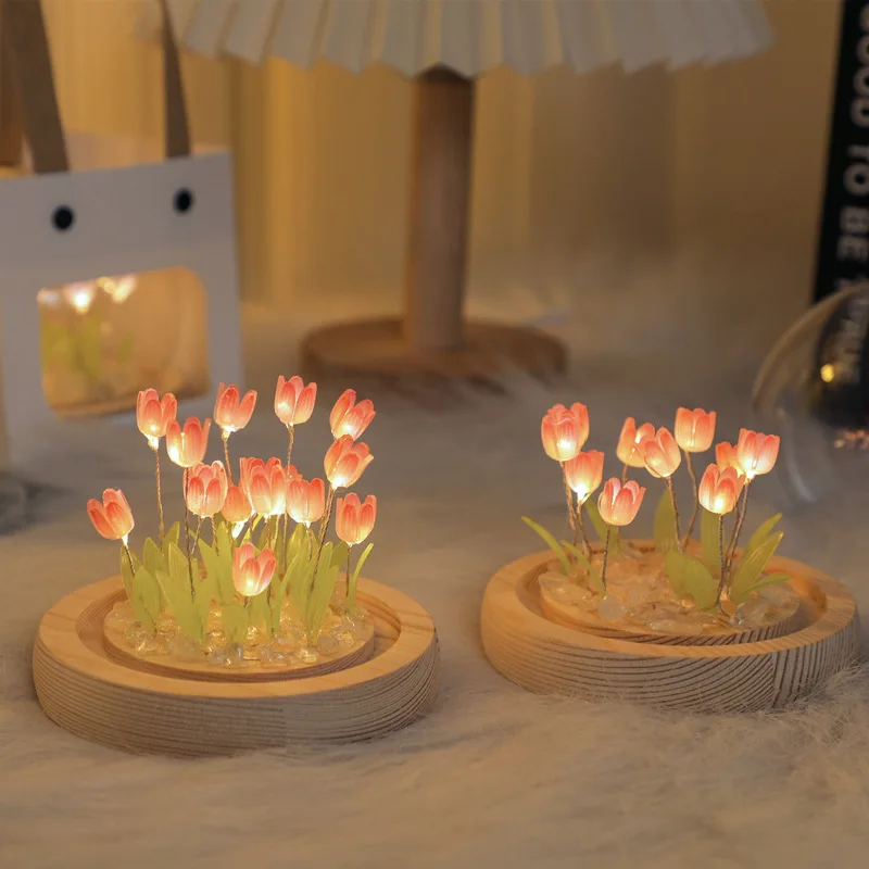 Artificial Tulip Flower Night Light Handmade DIY Bedside Lamp LED Night Lamp Bedroom Decor Christmas Birthday Gifts Table Lamp