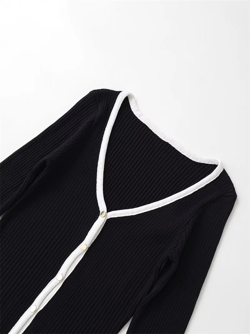 Nieuwe damesjas herfststijl zwart en wit kleurblok lange mouw V-hals gebreid vest jas stijlvol en sexy