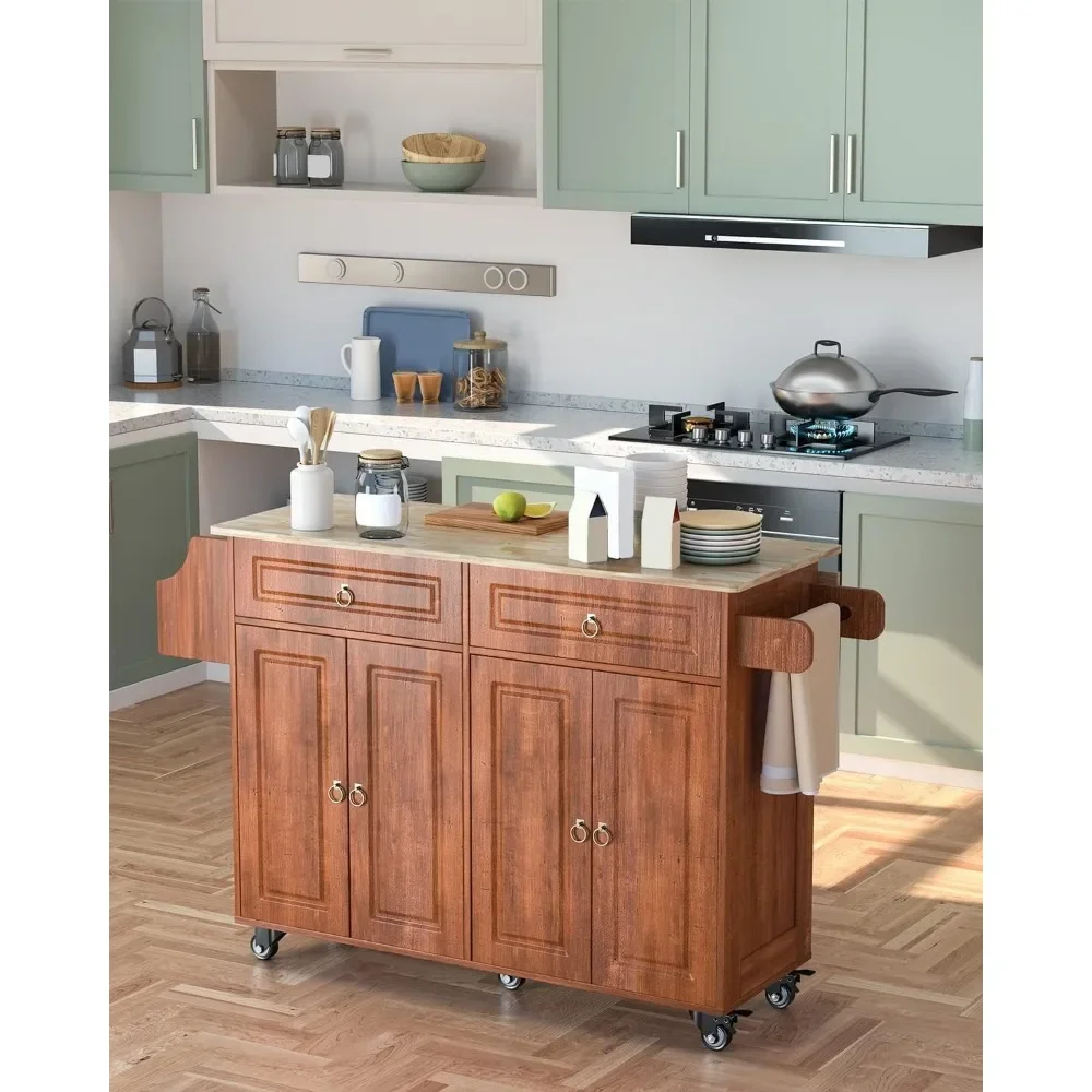 Kitchen Island with Drop Leaf and Storage, on Wheels Two Drawers, Large Storage Cabinet, Towel Rack Spice Cart Brown