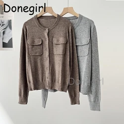 Donegirl Women Elegant Knitted Cardigan Fashion Long Sleeve Coat Streetwear Pockets Buttons Female Vintage Sweaters Top