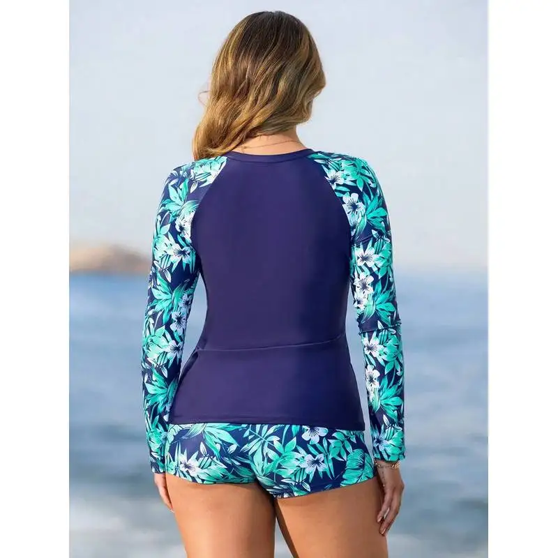 JEWELRY SEN Women 3‑Piece Rash Guard Swimsuit Tropical Floral Print Long Sleeve Zip‑Up Jacket Tankini Shorts Surf Swimwear - view 3