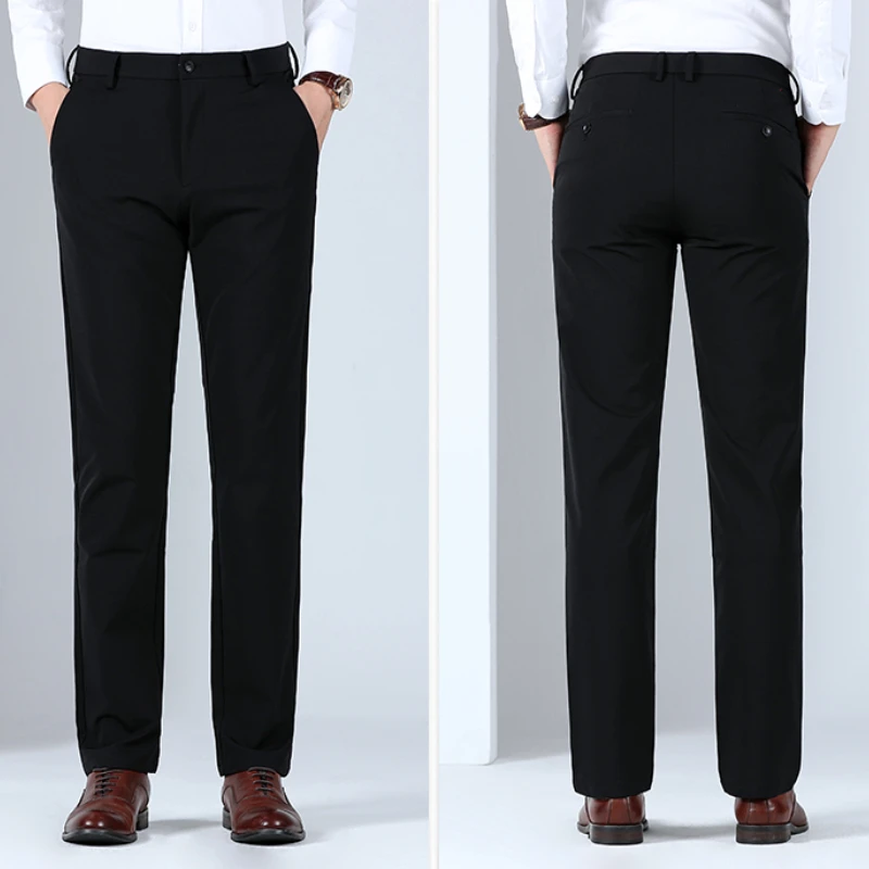 

New Black Pants Men 2023 Autumn Winter Light Elastic Heavyweight Business Trousers Solid Color Soft Casual Pants
