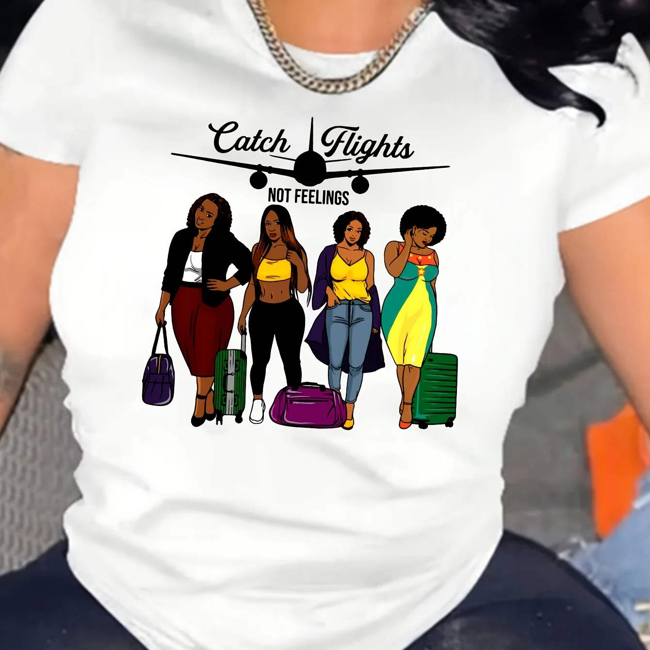 

Catch Flights Not Feelings Print T-Shirt, Casual Crew Neck Short Sleeve Top For Spring & Summer, Women's Clothing