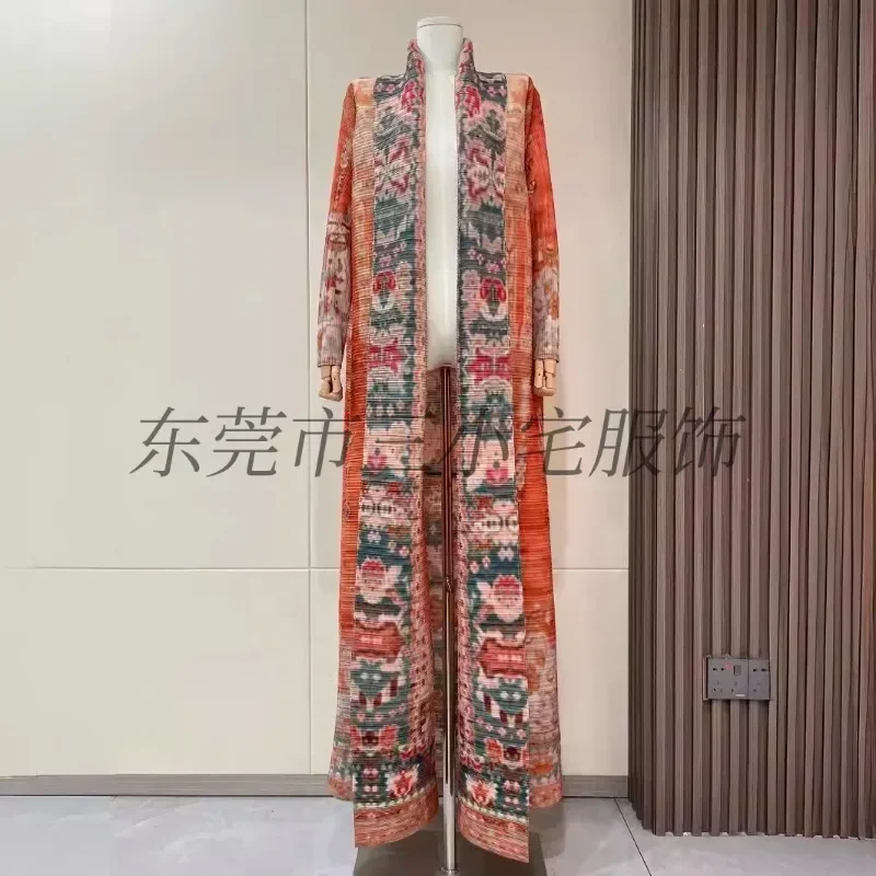 KAF Pleated Women Large Size Trench Coat 2024 Spring Autumn New Vintage Printed Design Long Cardigan Jacket Females Luxury Abaya