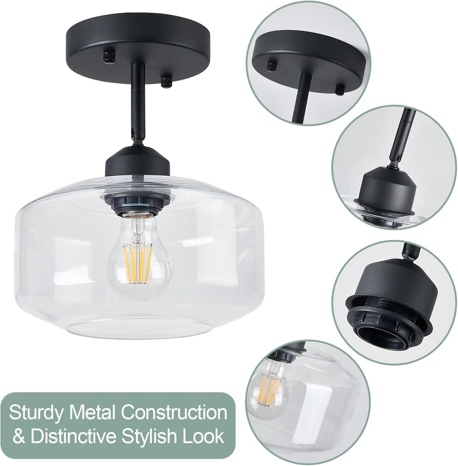 Matte Black Semi Flush Mount Light, sombra de vidro transparente, ajustável para tetos inclinados, cozinha, corredor, sala de estar