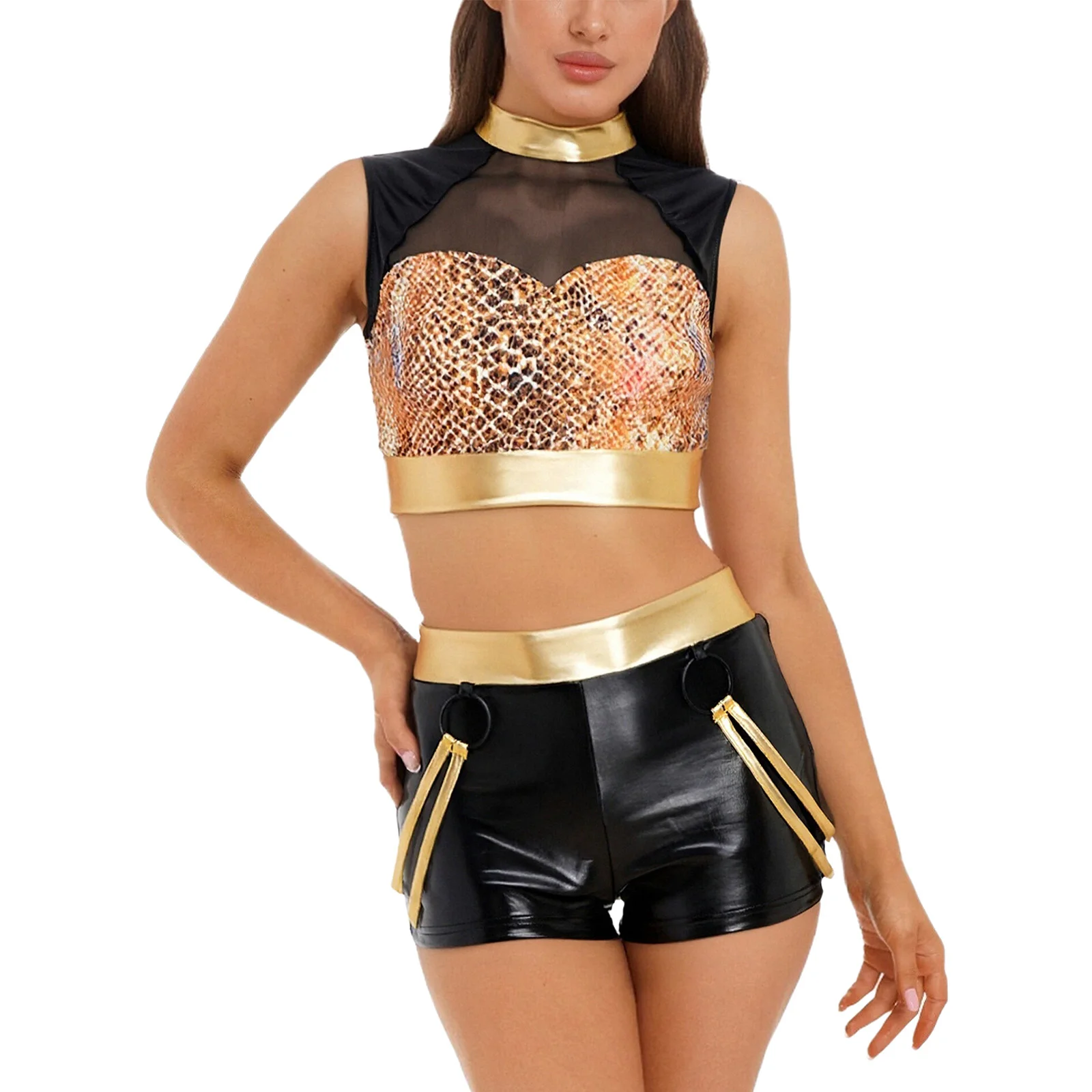 

Women Two Pieces Cheerleading Jazz Waltz Gymnastics Dance Metallic Crop Tops And High Waist Shorts Sets for Raves Disco Party