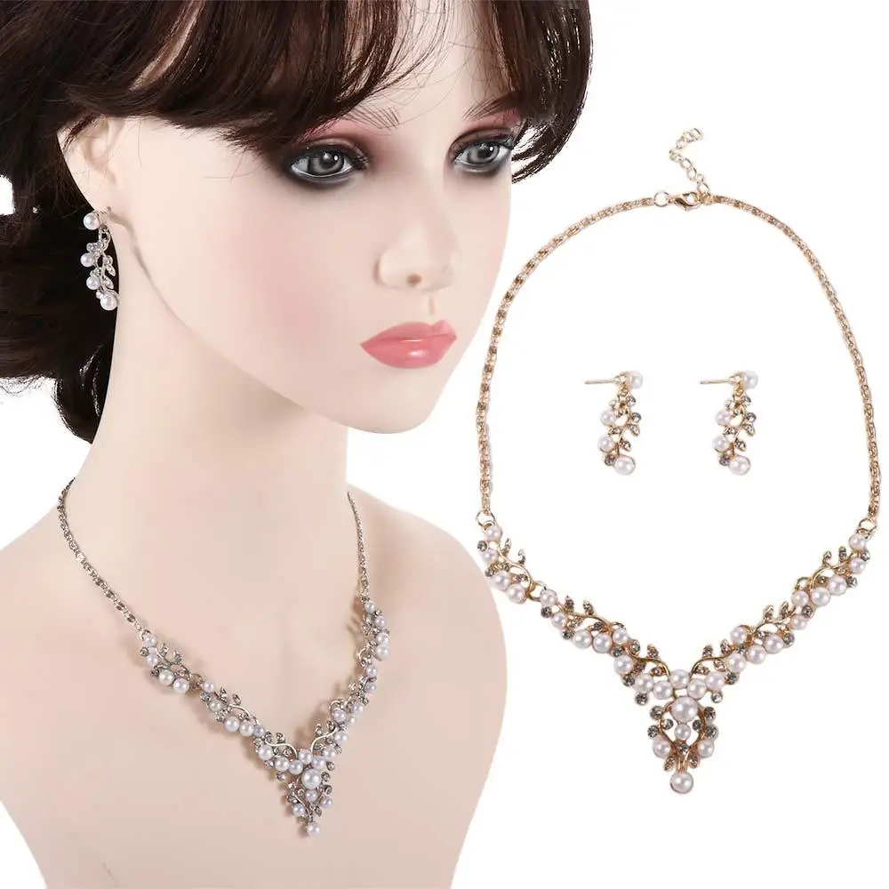 African Gifts Fashion Engagement Crystal Women Necklace Simulated Imitation Pearl Silver Plated Jewelry Sets Bridal Wedding